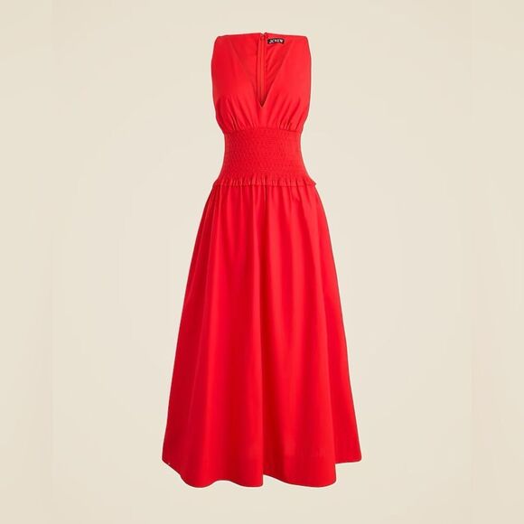NWT J CREW Plunge smocked-waist dress in cotton poplin in “Vintage Red” - Picture 6 of 8